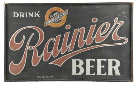 LARGE SMALTZ PAINTED DRINK RAINIER BEER FRAMED TIN SIGN