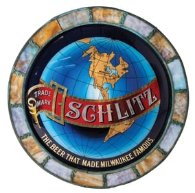 BEAUTIFUL ROUND SCHLITZ REVERSE PAINTED SIGN IN VERY UNIQUE FRAME