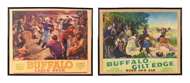 COLLECTION OF 2 BUFFALO LAGER BEER & BUFFALO & GILT EDGE FRAMED BEER ADVERTISEMENTS