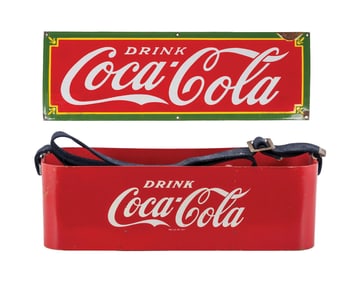 PAIR DRINK COCA-COLA PORCELAIN SCRIPT SIGN & DRINK COCA-COLA TRAY