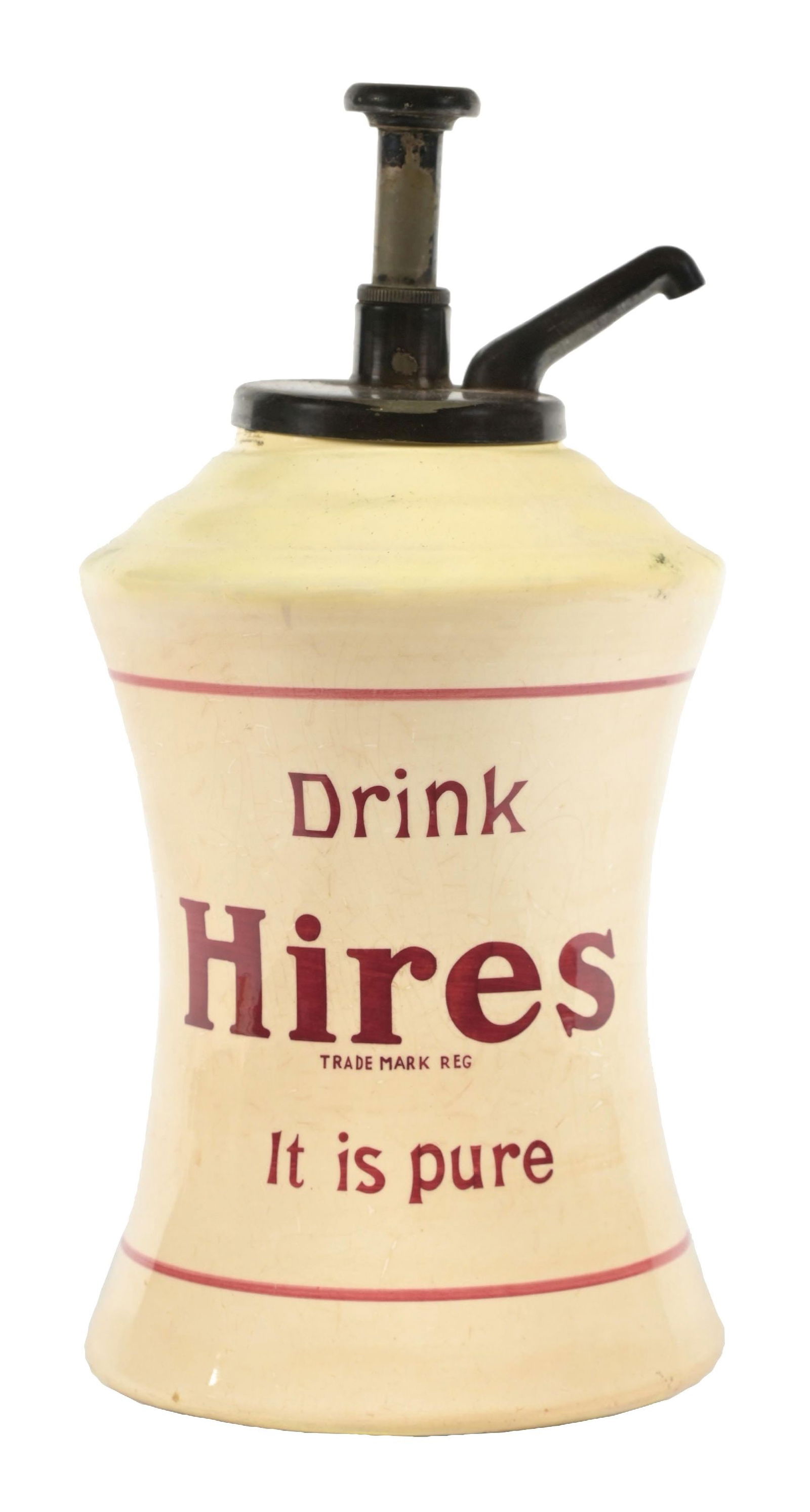 HIRES ROOT BEER SYRUP DISPENSER: A nice example of this c. 1920s ceramic syrup dispenser from Hires Root Beer, featuring the company logo and colors. CONDITION: The body of the dispenser shows spots of discoloration and wear. The gla