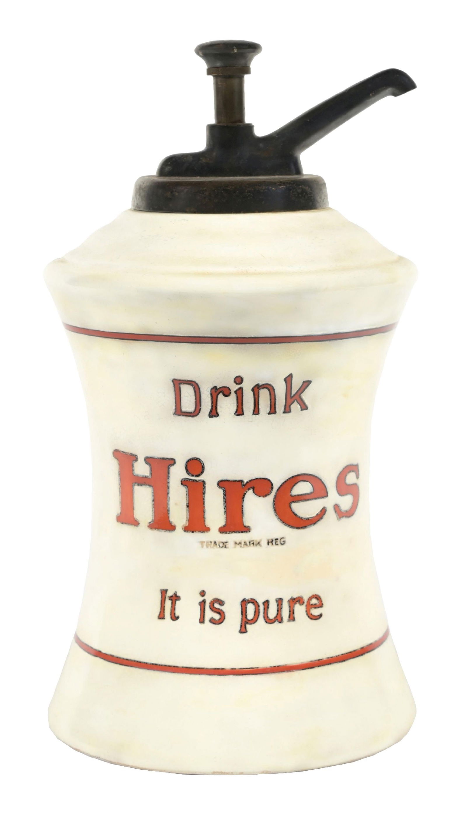 HIRES ROOT BEER SYRUP DISPENSER: A nice example of this c. 1920s ceramic syrup dispenser from Hires Root Beer, featuring the company logo and colors. CONDITION: The body of the dispenser shows spots of discoloration and wear. The mou