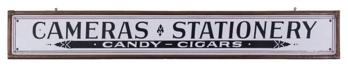 WONDERFUL MILK GLASS SIGN ADVERTISING CAMERAS, STATIONARY, CANDY, & CIGARS IN ORIGINAL COPPER FRAME