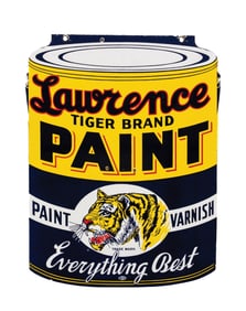 LAWRENCE TIGER BRAND PAINT DIE-CUT PORCELAIN SIGN W/ TIGER GRAPHIC