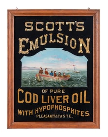 SCOTT'S EMULSION OF PURE COD LIVER OIL REVERSE PAINTED GLASS SIGN W/ FISHING GRAPHIC