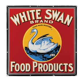 WHITE SWAN BRAND FOOD PRODUCTS POCELAIN SIGN W/ SWAN GRAPHIC