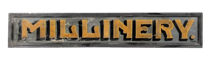 HAND-PAINTED SELF-FRAMED MILLINERY STORE WOODEN SIGN