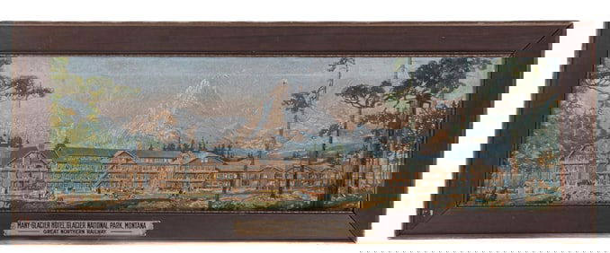 ORIGINAL CLOTH BANNER FOR THE MANY-GLACIER HOTEL, GLACIER NATIONAL PARK, MONTANA