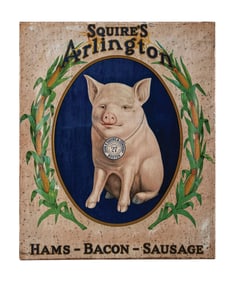 SQUIRE'S ARLINGTON HAMS- BACON- SAUSAGE LITHOGRAHED TIN SIGN W/ SWINE GRAPHIC