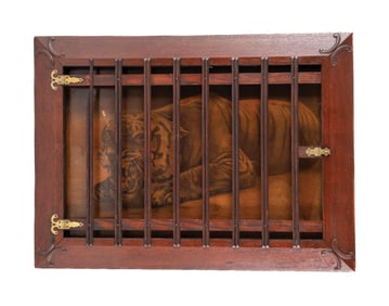 FRAMED CARDBOARD TIGER WITH CUSTOM CAGED FRONT