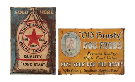 PAIR OF TEXAS PORTLAND CEMENT AND OLD TRUSTY DOG FOODS EMBOSSED TIN