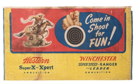 CLOTH BANNER ADVERTISING WINCHESTER SUPER SPEED RANGER AND LEADER AMMUNITION
