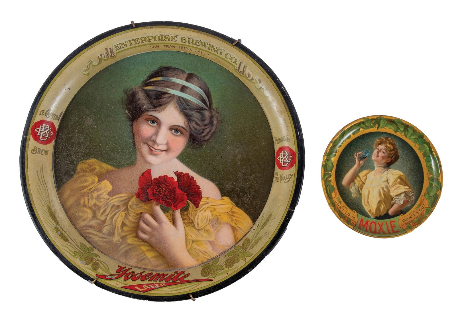 PAIR OF ADVERTISING SERVICE TRAYS: CONDITION: (A) Enterprise Brewing Co. for Yosemite Lager, showing a pretty girl with a red rose, with significant foxing to the main image, some areas of chips and paint loss, primarily at the edge. M