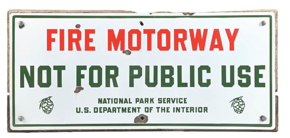 FIRE MOTORWAY NOT FOR PUBLIC USE PORCELAIN SIGN W/ WOOD BACKING