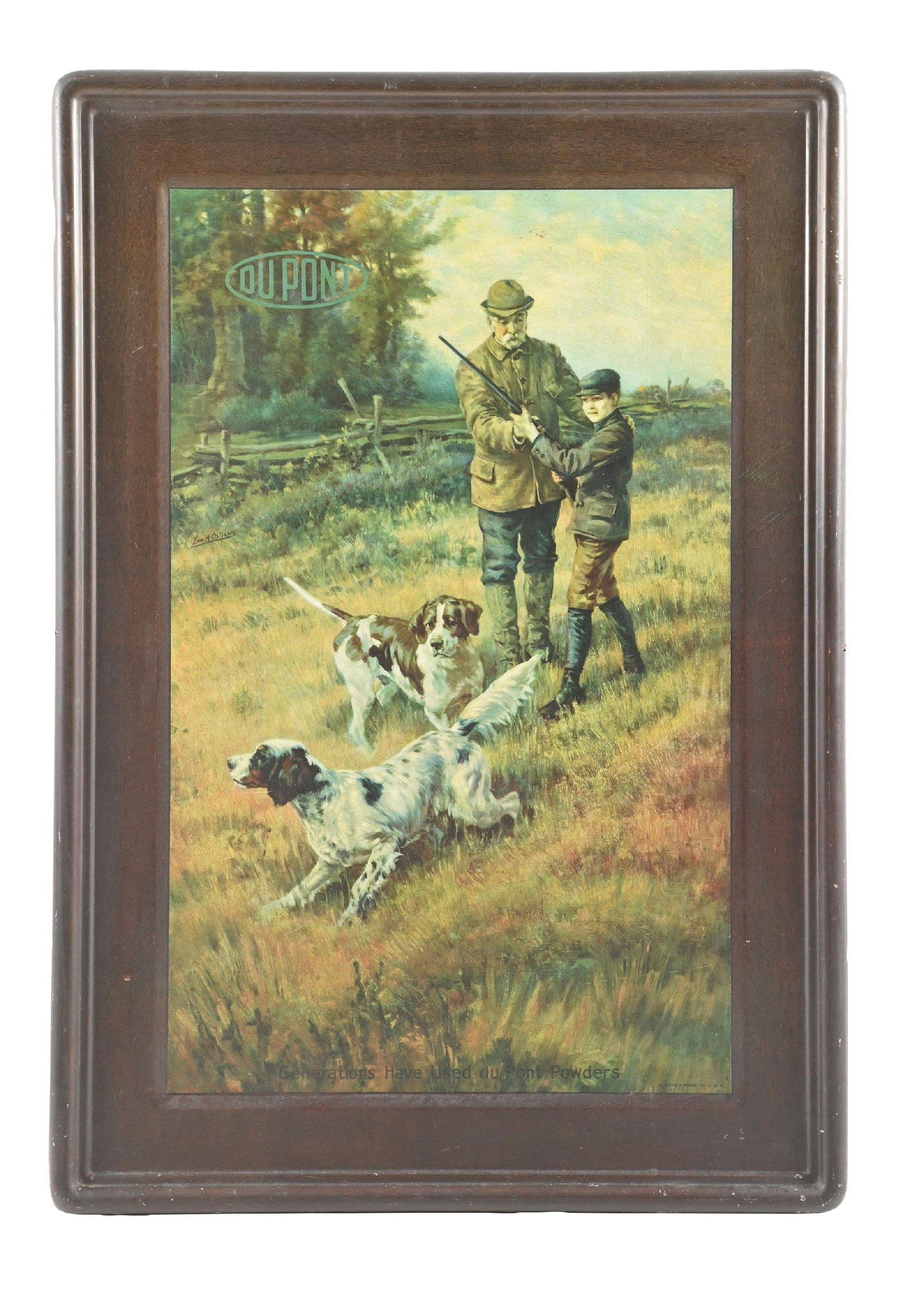 DUPONT POWDER SELF-FRAMED SIGN W/ HUNTING GRAPHIC: SST. A nice example of this c. 1910s-1920 single-sided tin sign from Du Pont Gun Powder, featuring a nice graphic of father and son hunting. CONDITION: The field shows light fading to the color. There