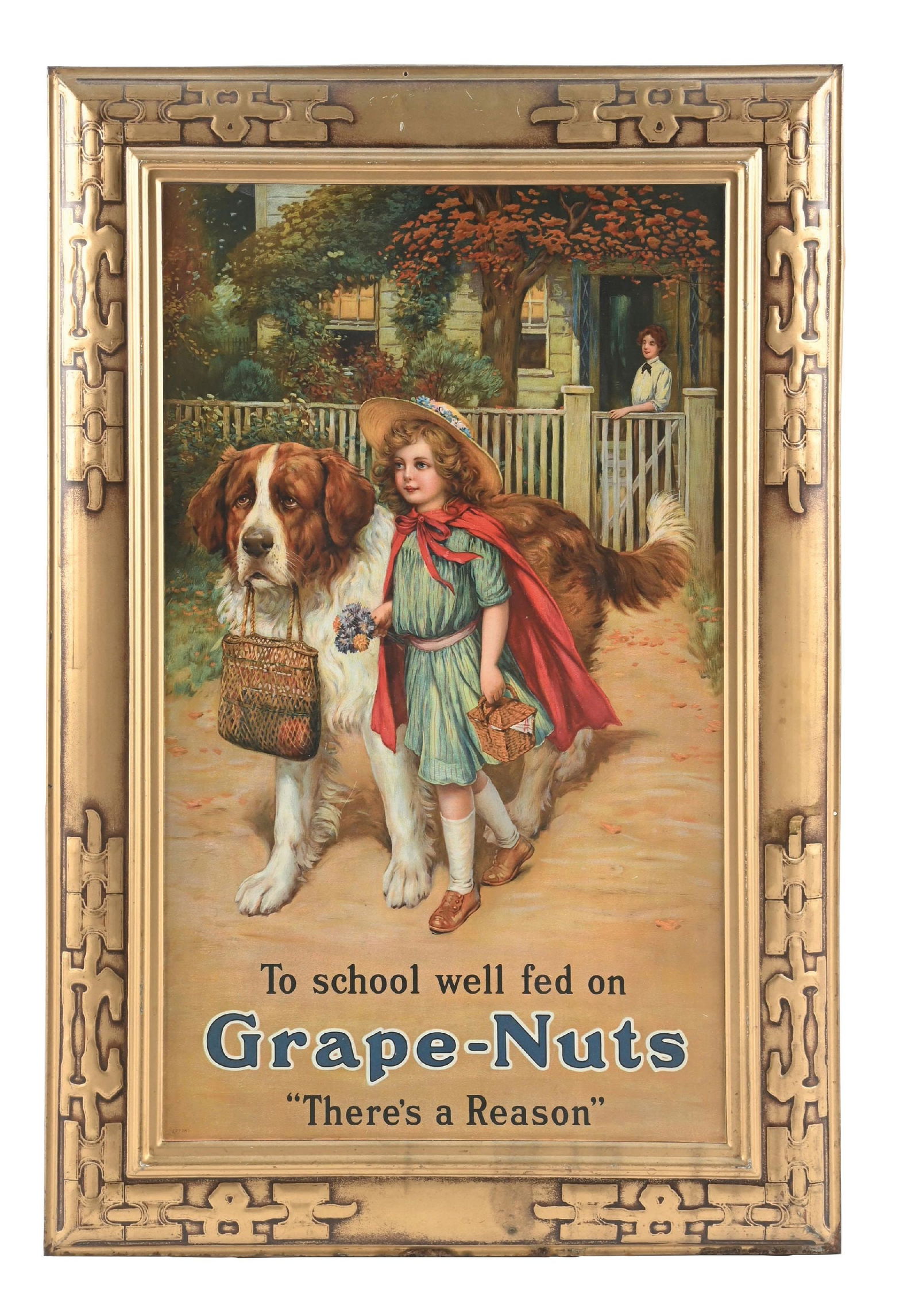 GRAPE NUTS SIGN W/ GIRL & DOG GRAPHIC: SST. A nice example of this c. 1910s sign from Grape Nuts, featuring a young girl with her dog. CONDITION: NOS, one of 2 signs found in the basement of an old store in Tulsa OK. The sign remains clean