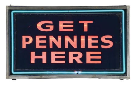 ORIGINAL PENNY ARCADE "GET PENNIES HERE" LIGHT-UP SIGN