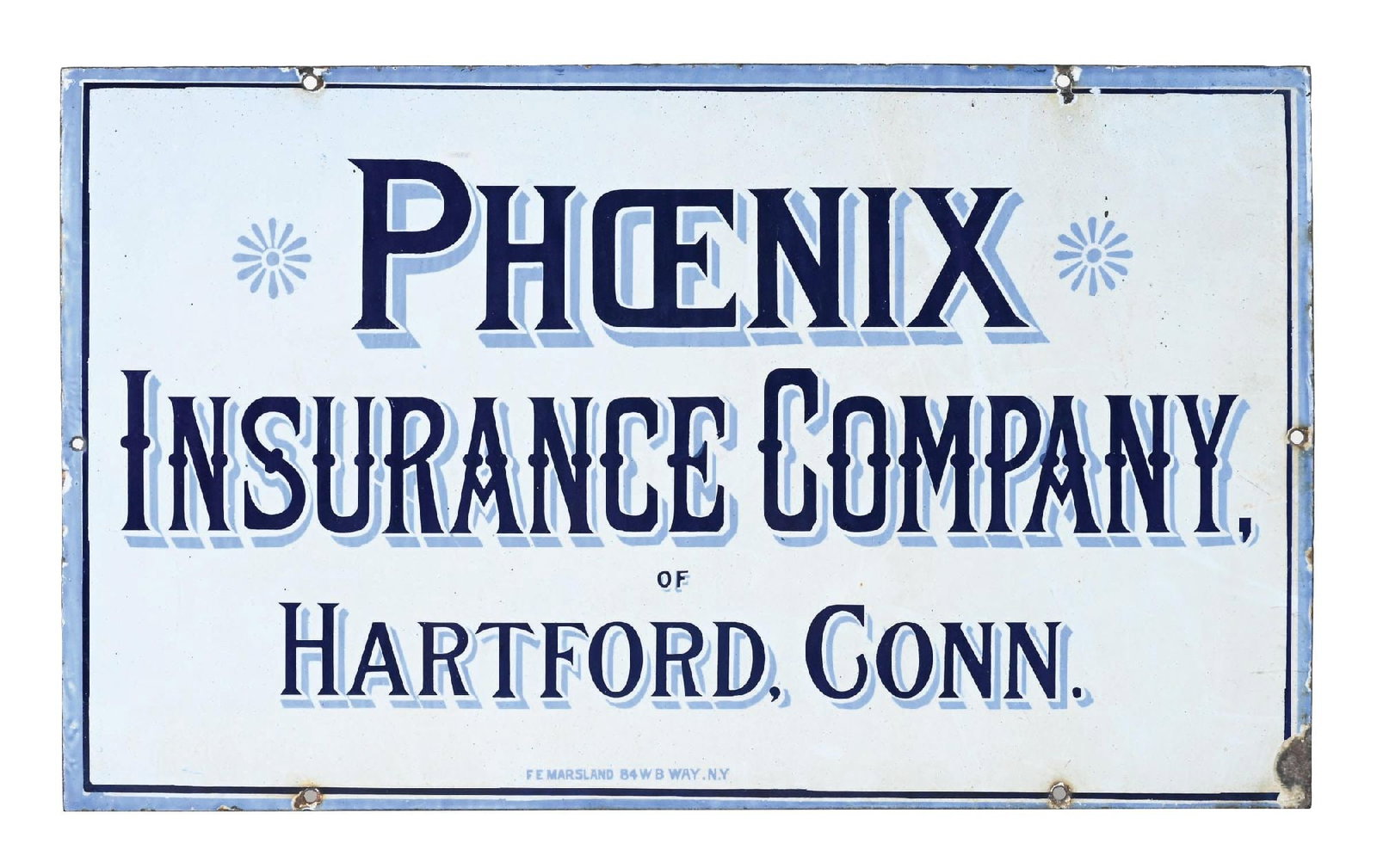 PHOENIX INSURANCE COMPANY - HARTFORD CONNECTICUT SIGN: SSP. A nice example of this c. 1910s single-sided porcelain sign from the Phoenix Insurance Company. CONDITION: The field shows scrapes and specks of discoloration throughout. The outer edges and moun