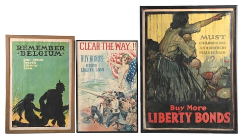 COLLECTION OF 3: CLEAR-THE-WAY, REMEMBER BELGIUM AND BUY MORE LIBERTY BONDS POSTERS