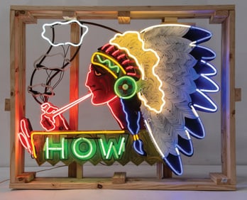 AMAZING NEON SIGN DEPICTING A NATIVE AMERICAN SMOKING A PEACE PIPE W/ SMOKE MOTION NEON