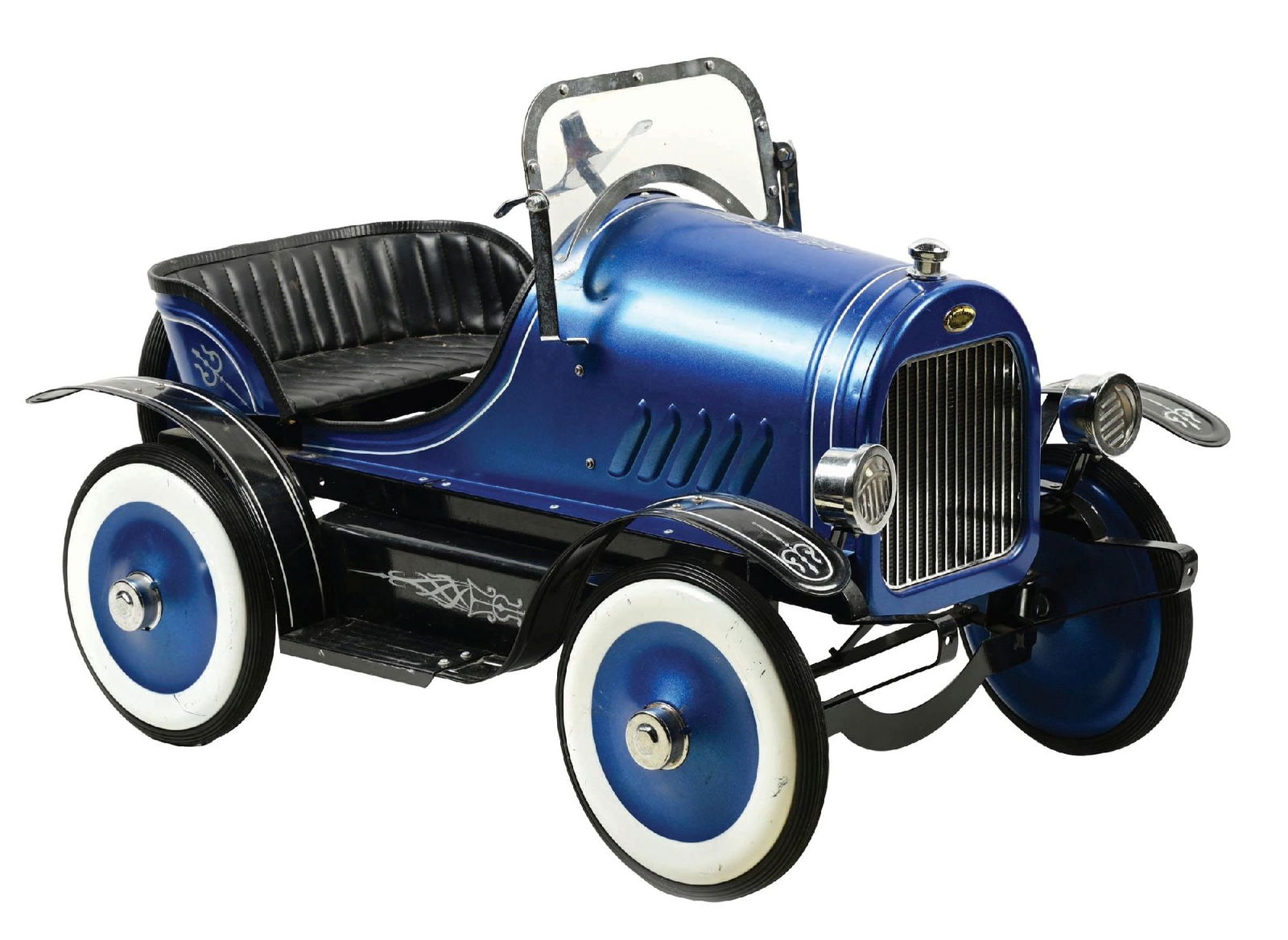 REPRODUCTION CLASSIC 57 ROADSTER PEDAL CAR: C. 2010, Dexton LLC., Brea, CA. CONDITION: It shows some areas of scrapes and scuffs from use. It has the original upholstery and tufted vinyl. It is missing the steering wheel. Condition: (Good). Dim