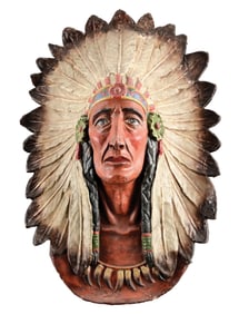 PAPER MACHE NATIVE AMERICAN BUST FIGURAL WALL SIGN