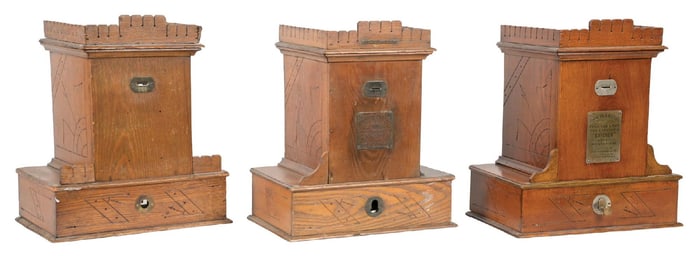 COLLECTION OF 3 5¢ B.F. SCHWAB & CO. "CATCHER" CIGAR VENDING MACHINE & 2 CASES