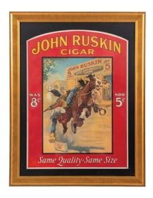 JOHN RUSKIN 5¢ CIGAR LITHOGRAPHED CARDSTOCK SIGN W/ COWBOY GRAPHIC