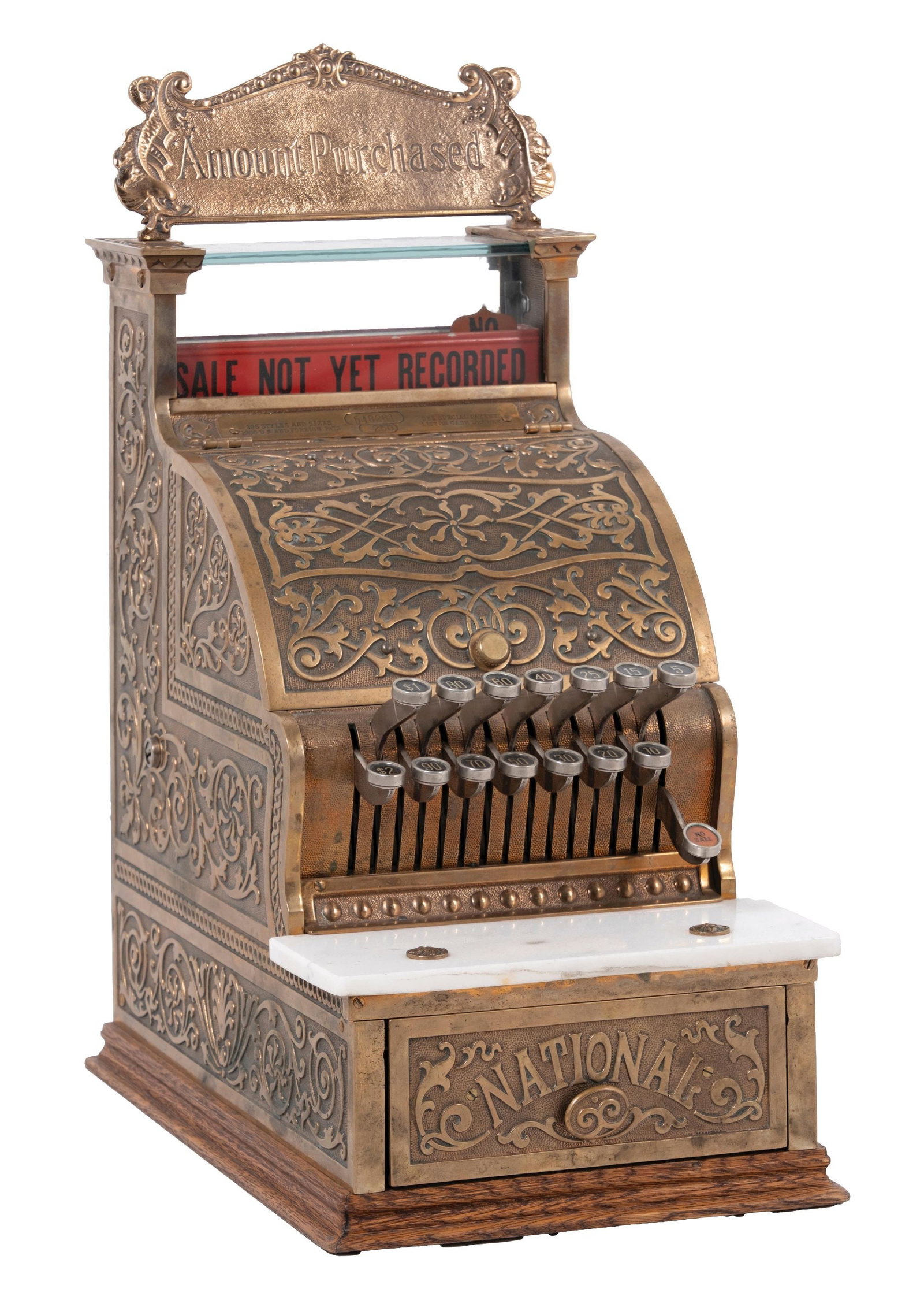 NATIONAL CASH REGISTER MODEL 250, SERIAL NO. 548261: CONDITION: All original National cash register in yellow brass with nice aged patina. Original key checks, price flags, and bill shelf. Added replaced top sign. This is not a standard shippable item a