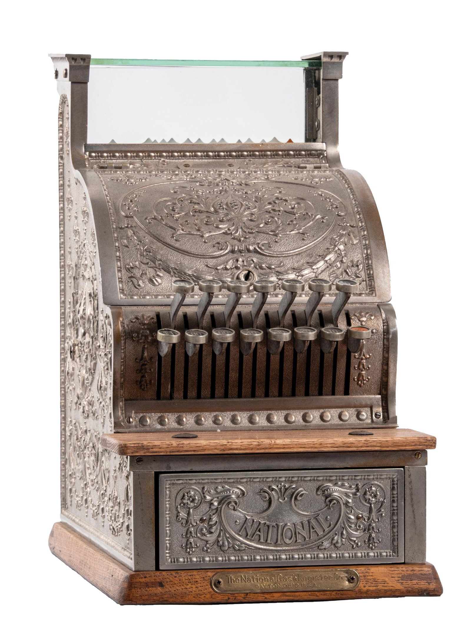 NATIONAL CASH REGISTER MODEL 313 SERIAL NO. S225112X: C. 1910. CONDITION: It shows an older nickel-plating, new key checks and price flags. It has a wooden built shelf. Operational and with keys. Condition: (Good - Very Good). Dimensions: 10-1/4" x 16" x