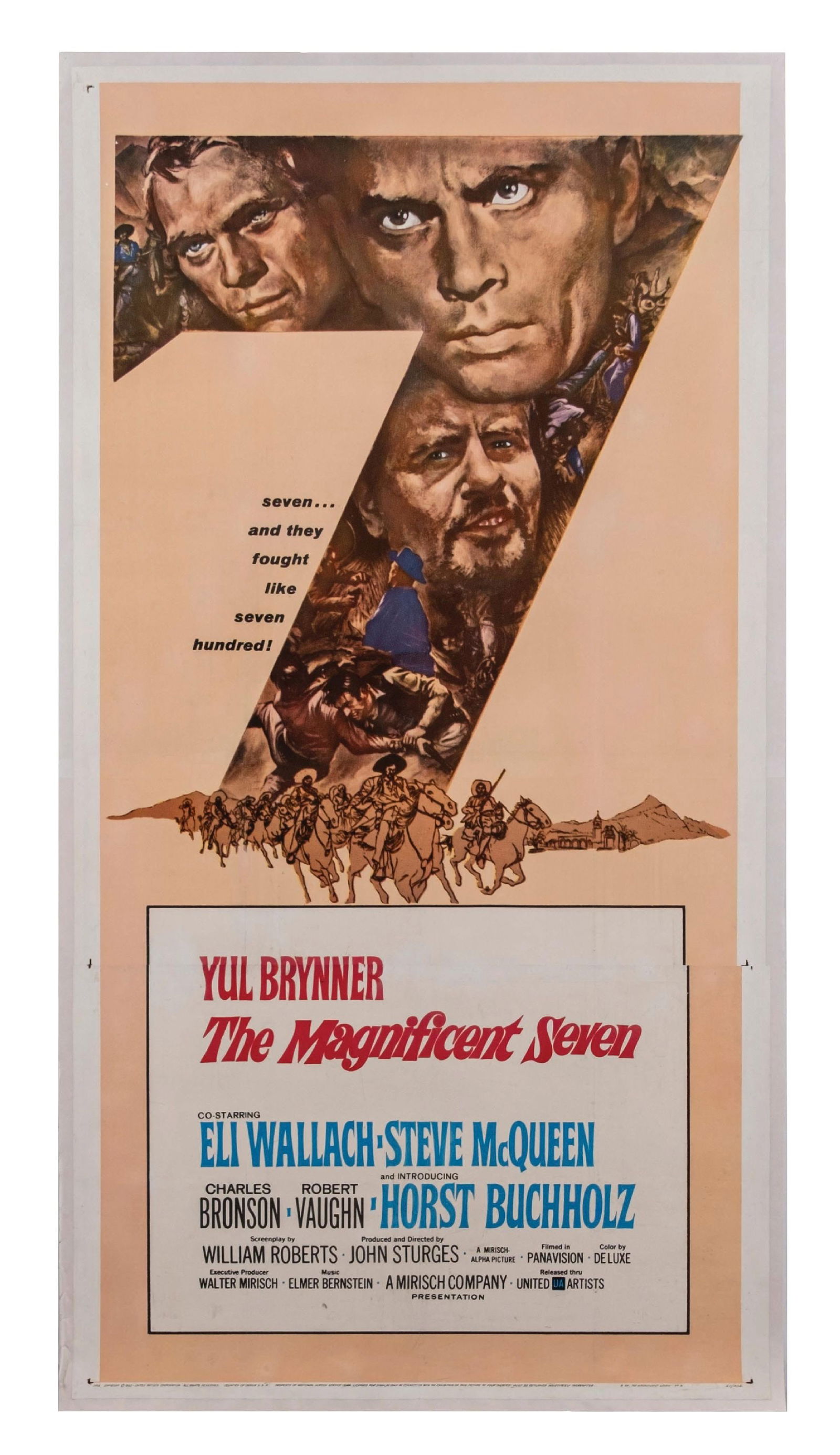 1960 "THE MAGNIFICENT SEVEN" THREE-SHEET MOVIE POSTER: 60/304. Copyright United Artists 1960. Ensemble cast included; Yul Brynner, Steve McQueen, Charles Bronson, Robert Vaughn, Brad Dexter, & James Coburn. Rare three-sheet lobby poster, mounted on linen
