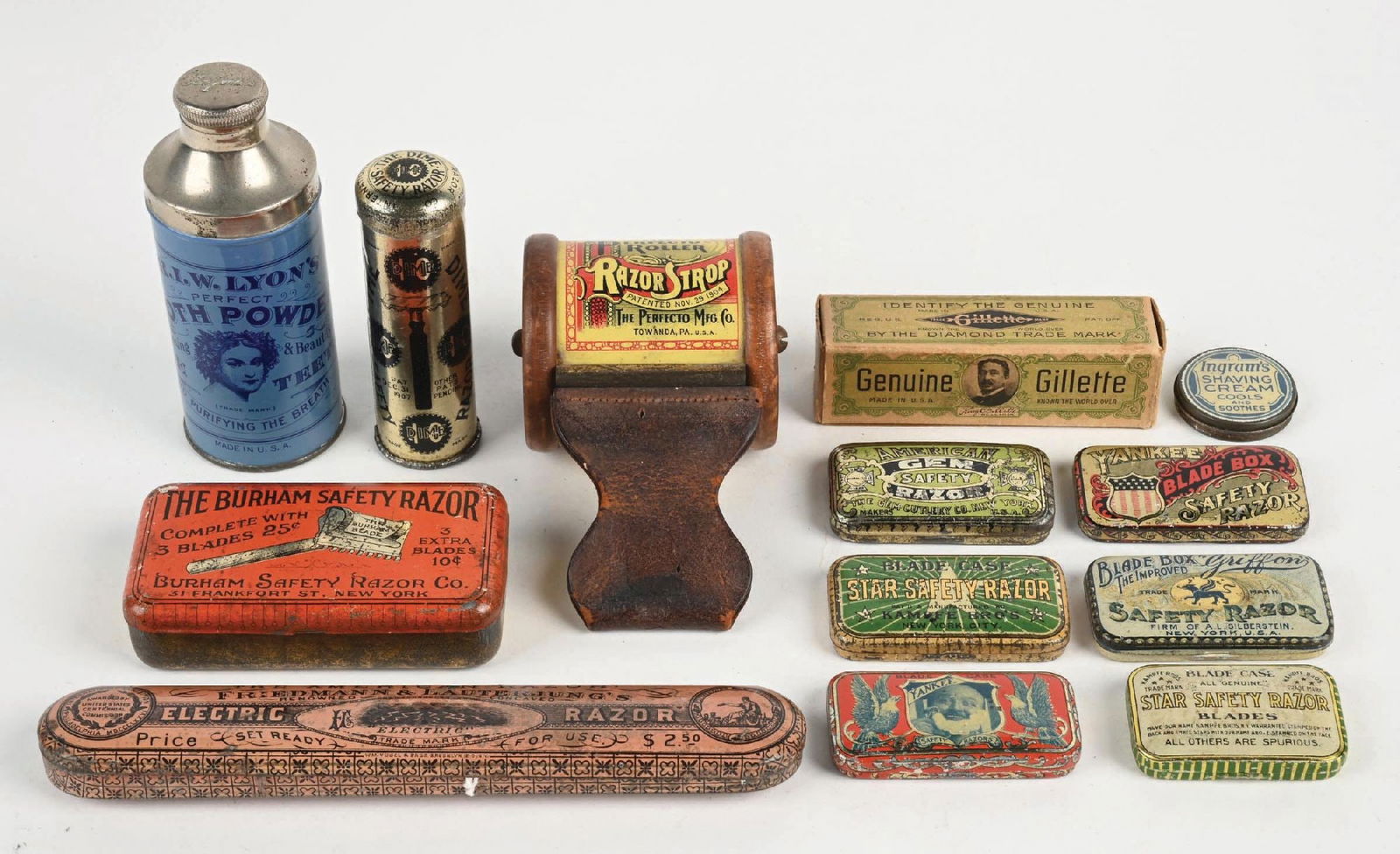 COLLECTION OF 13 VARIOUS SAFETY RAZORS AND POWDER TINS (1 of 2)