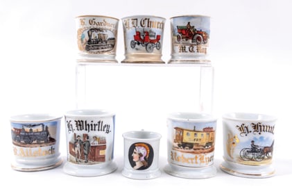COLLECTION OF 8 SHAVING MUGS