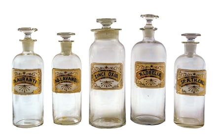 COLLECTION OF 5 LABEL UNDER GLASS APOTHECARY BOTTLES