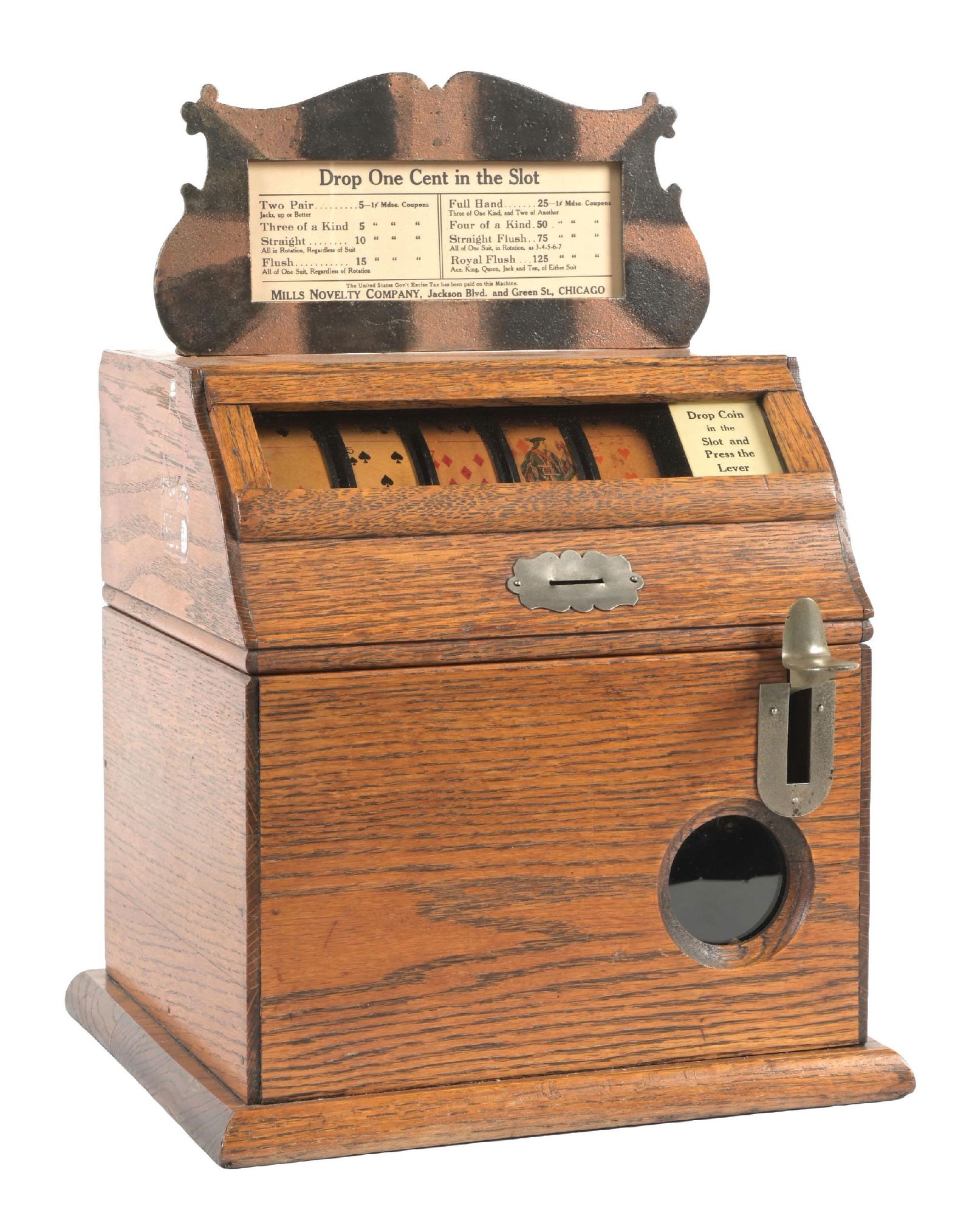 1¢ MILL'S NOVELTY LITTLE PERFECTION OAK TRADE STIMULATOR: Original Mills Oak Little Perfection cigar trade stimulator with original marquee, new award card, original strips and back door. CONDITION: Shows light wear, some fading to the reel strips, refinishe