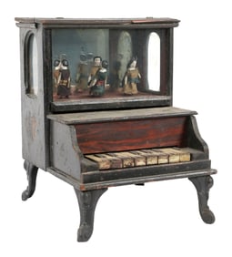 19TH CENTURY ANTIQUE SMALL PIANO WITH MUSIC DOLLS
