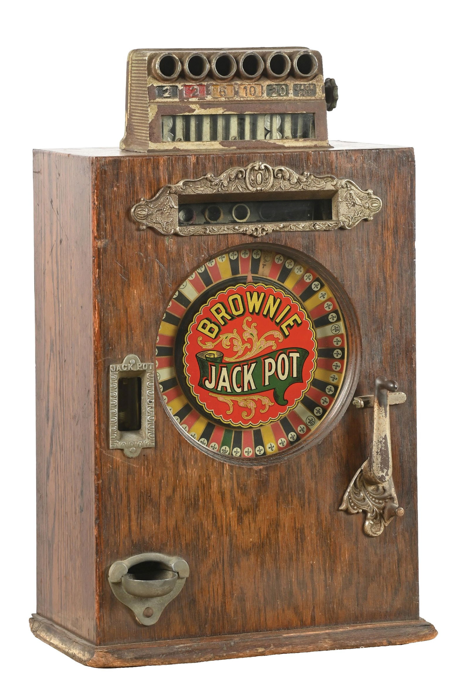 5¢ WALTING BROWNIE JACKPOT COUNTER WHEEL SLOT MACHINE: C. 1930. Watling Mfg. CONDITION: Showing an original machine with patina castings, original wheel and coin head. Light wear to the wooden cabinet, working, plays and pays. No keys. This is not a stand