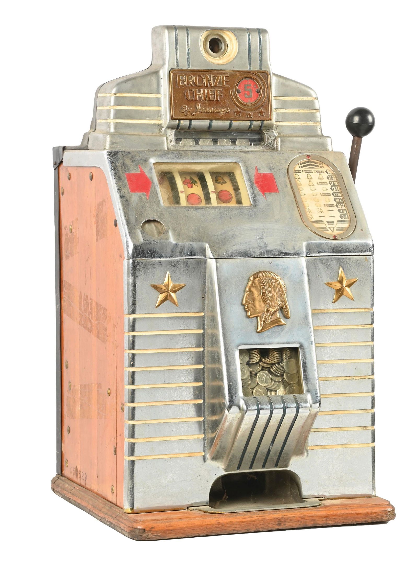 5¢ JENNINGS BRONZE CHIEF SLOT MACHINE: CONDITION: Showing an original slot machine with correct reel strips, award card, back door with lock, and no cash box. Free play escalator. Plays and pays, with working jackpot. Some age cracks in th