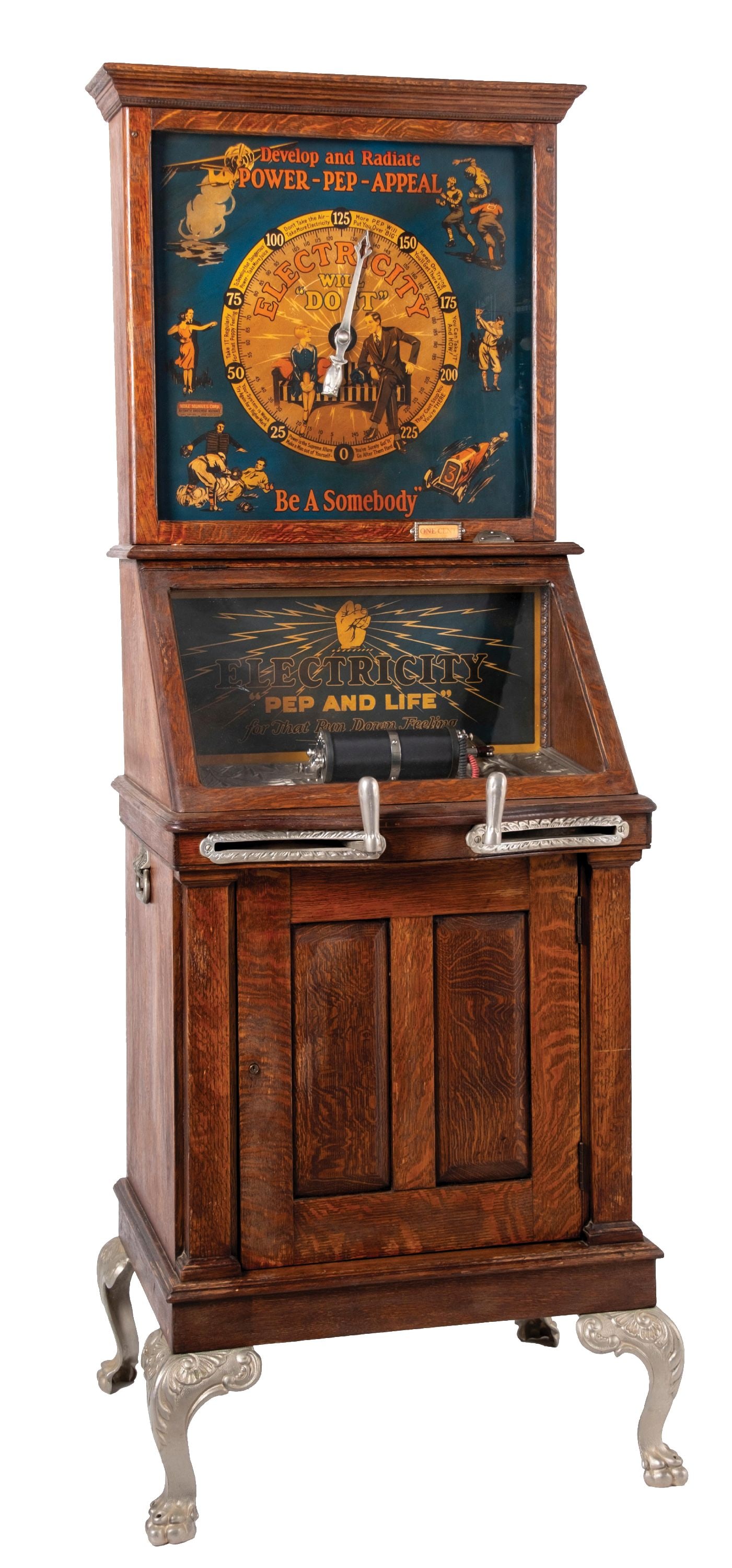 1¢ MUNVEE'S "ELECTRICITY IS LIFE" ARCADE MACHINE: C. 1920s. Early Mills Novelty version modified by Mike Munvees. CONDITION: Showing modified dial advertising power up appeal, with bow front design, original hardware, and finish to the cabinet. Compl