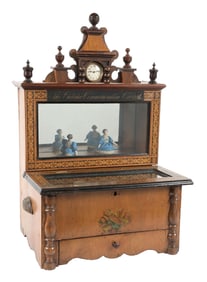 19TH CENTURY MUSIC BOX AUTOMATON W/ COMMEMORATIVE VICTORIA CASE & CLOCK MARQUEE