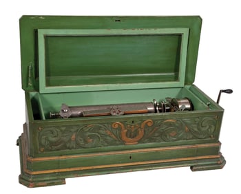 SWISS CYLINDER MUSIC BOX IN GREEN TOLE PAINT