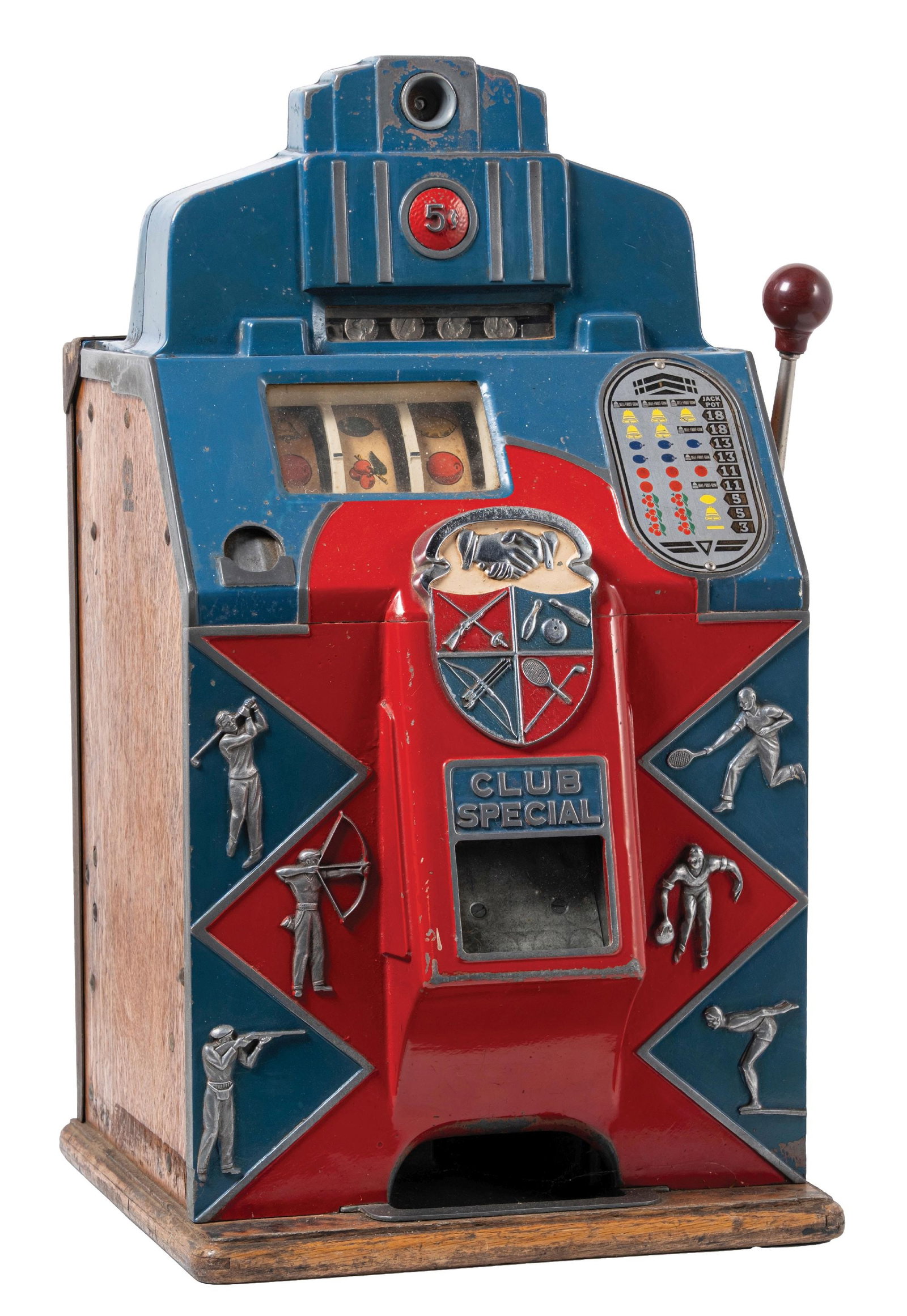 5¢ JENNINGS CLUB SPECIAL SLOT MACHINE: C. 1945, O.D. Jennings. CONDITION: Showing an original machine with correct reel strips. Jackpot is present but not working, with original back door with Yale lock and key stuck in lock. Cash box is p
