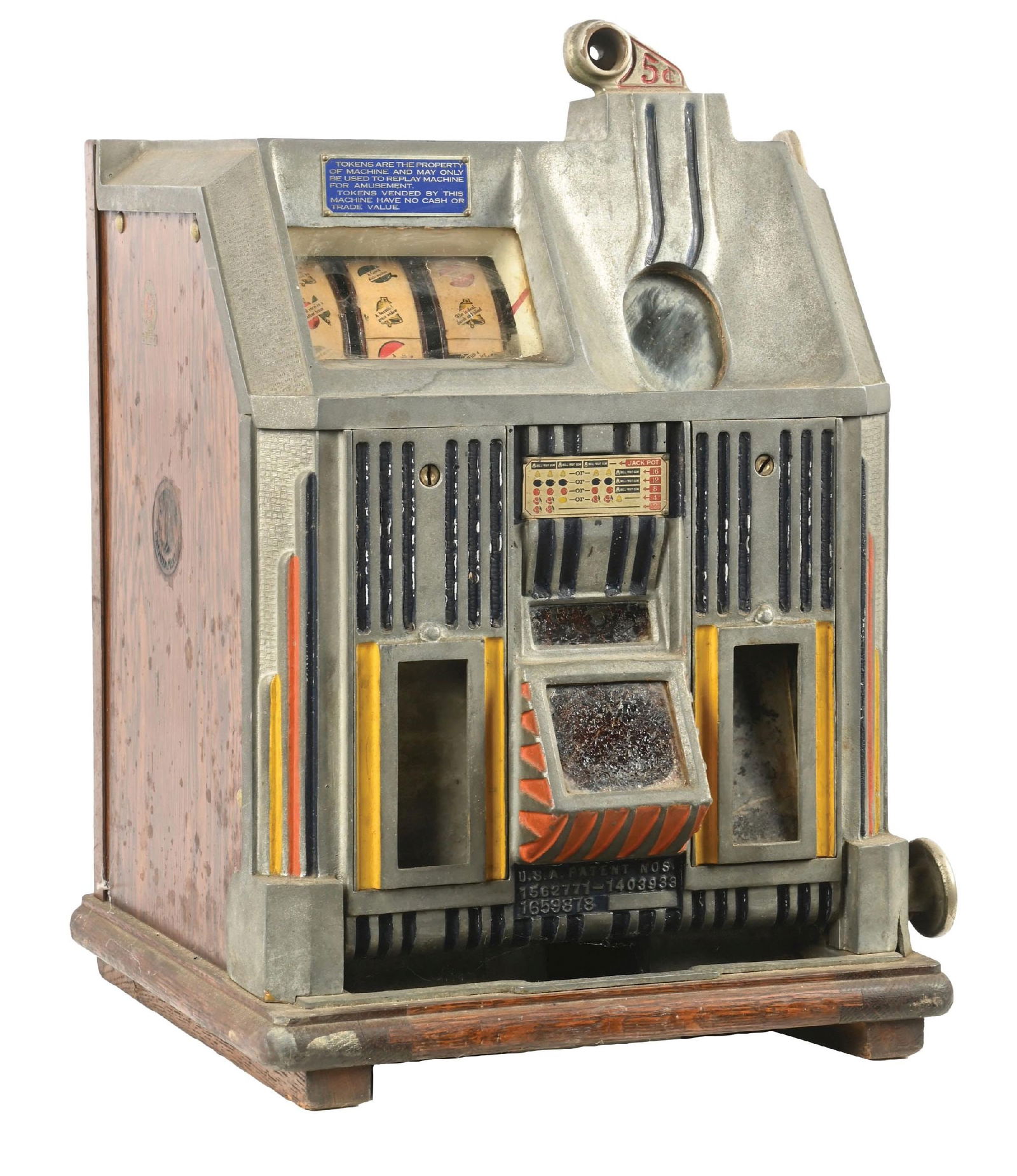 5¢ JENNINGS DUCHESS SLOT MACHINE: CONDITION: Showing an original slot machine with correct reel strips, award card, and back door with nonfunctional key. Cash box is original. There is a crack in the front casting, vender door glass i