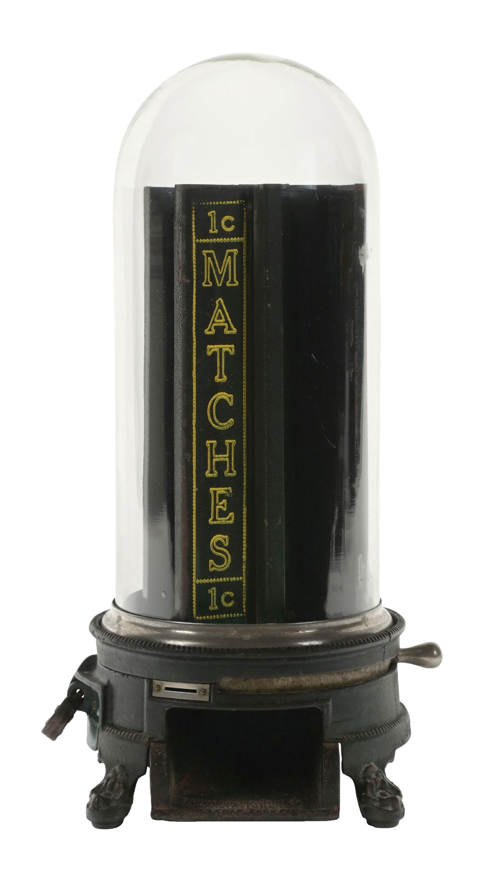 1¢ ADVANCE MATCHBOX VENDING MACHINE: C. 1915, Advance Machine Co., Chicago, Illinois. This all original Advance Matchbox vending machine has the original glass dome, original hold-down ring, side door and match labels on the interior. CO