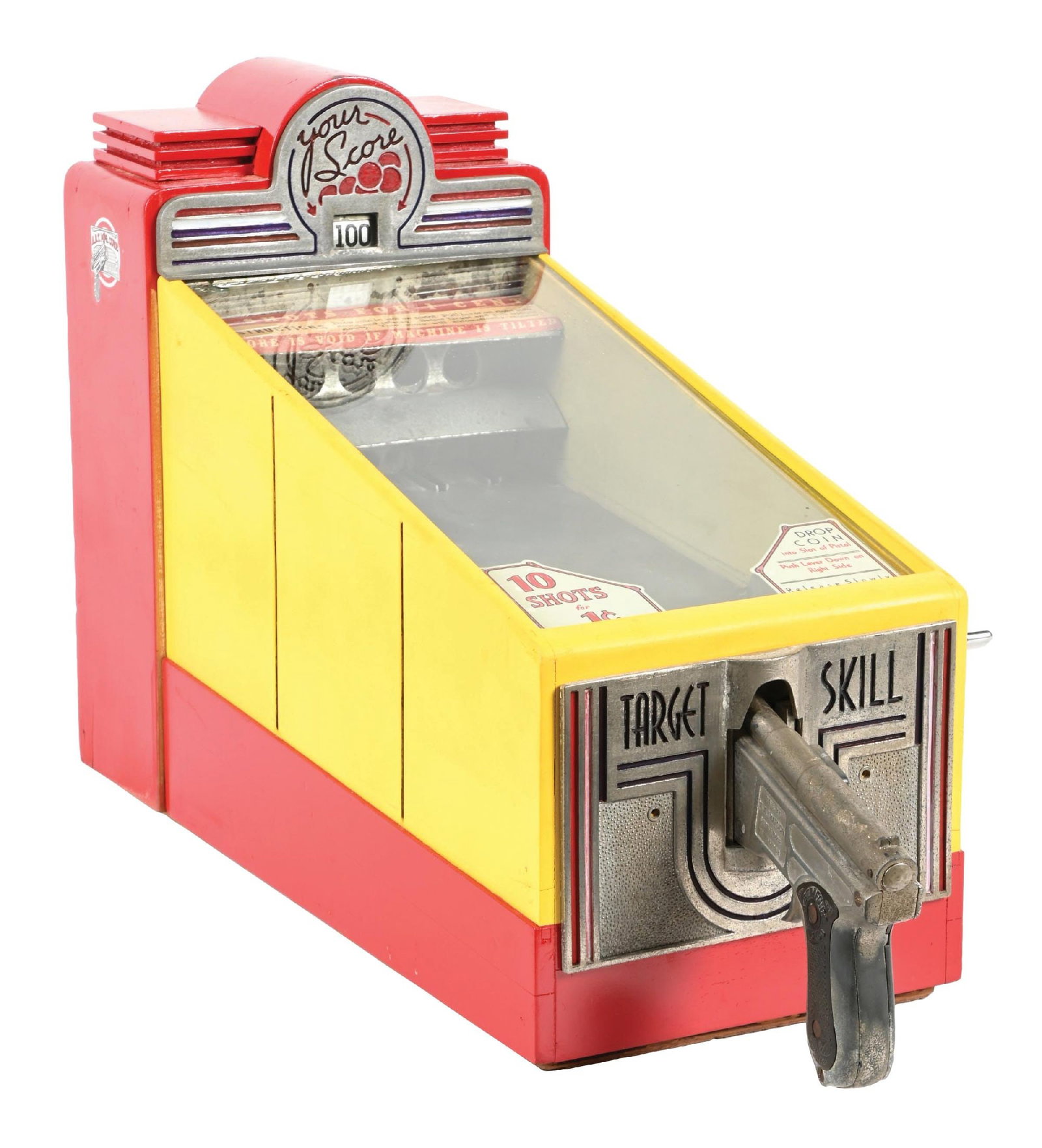 COUNTERTOP ARCADE GUN GAME: C. 1935. CONDITION: From A.B.T Manufacturing, a 10 shot for 1¢ countertop gun game. It shows original paint, pistol, score field, labeling and new glass decals. The machine is operational. It sho