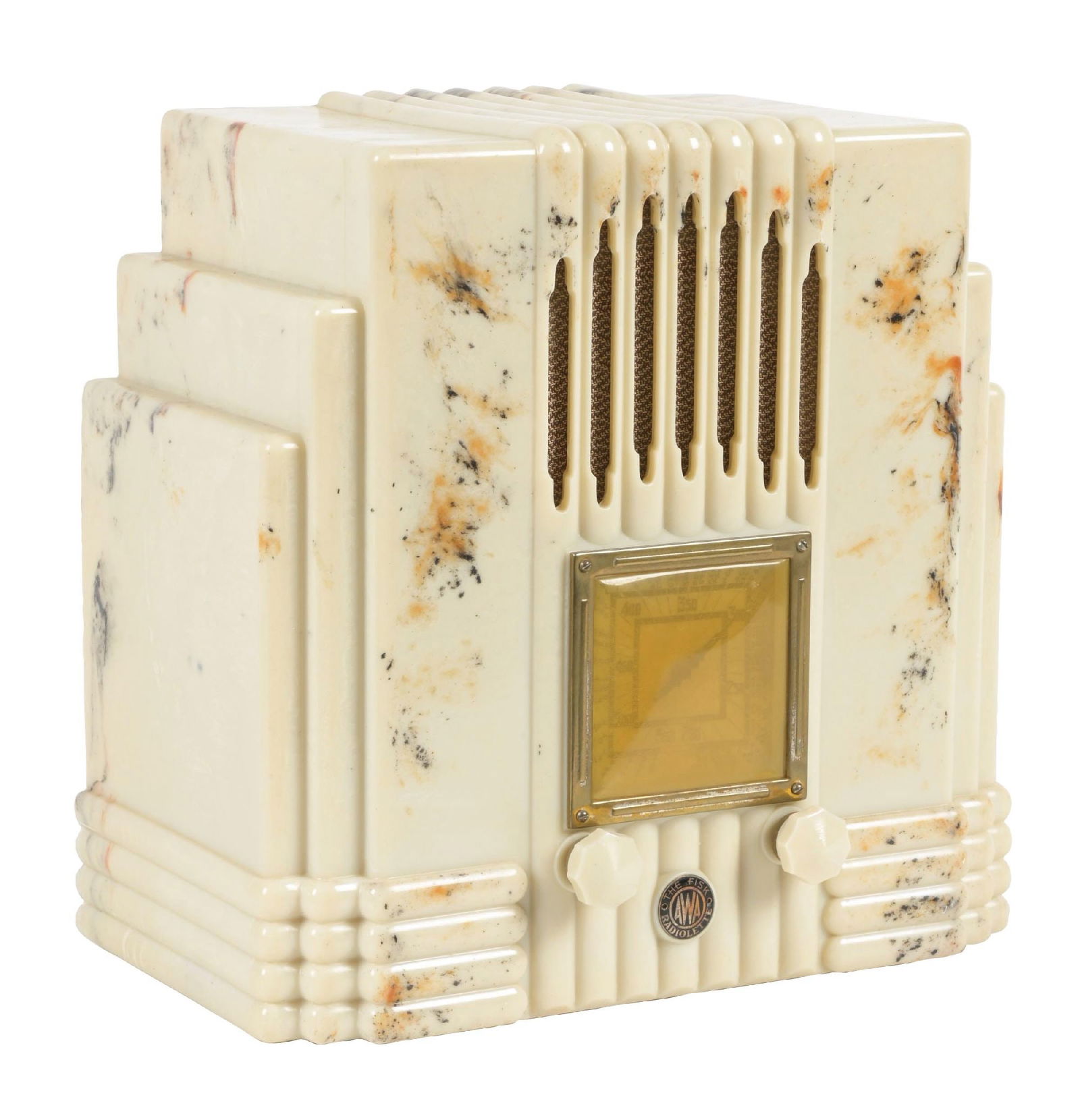 AWA FISK RADIO IN BEETLE PLASTIC: C. 1935. CONDITION: A wonderful example of a rare radio with beautiful marbleizing that is free of cracks, chips, tube burns or repairs. Cabinet has some light scratches and imperfections consistent w