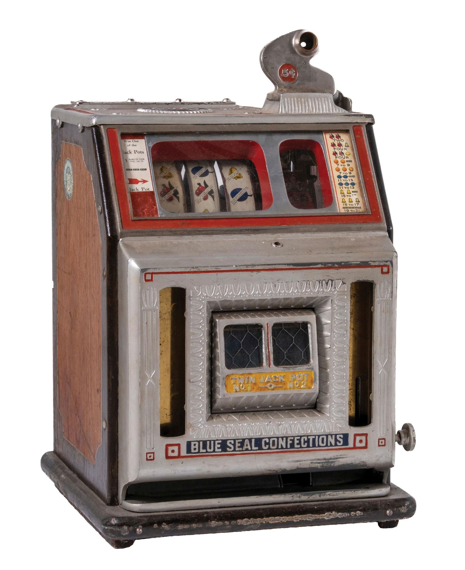 5¢ BLUE SEAL CONFECTIONS SLOT MACHINE: C. 1935. Watling MFG. CONDITION: Original machine with original reel strips and award card. Missing coin head cover and back door. No cash box. Plays and pays with working vender. This is not a standa