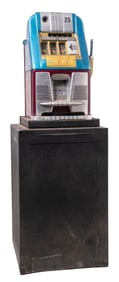 25¢ MILLS "CRISS-CROSS" HI TOP SLOT MACHINE WITH JACK-IN-THE-BOX STAND
