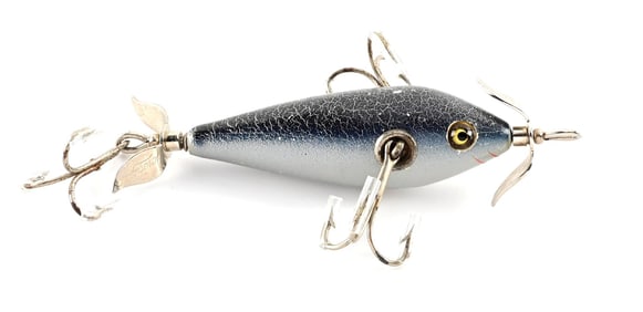 UNUSUAL HEDDON MINNOW IN BLUE CRACKLE OVER ALUMINUM