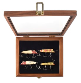 WOODEN DISPLAY CASE WITH BILL ROBERTS’ CONTEST LURES
